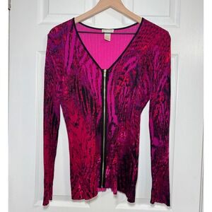 VTG Y2K Cache Womens Ribbed Knit Zip Front Top Pink Purple Abstract Print Large